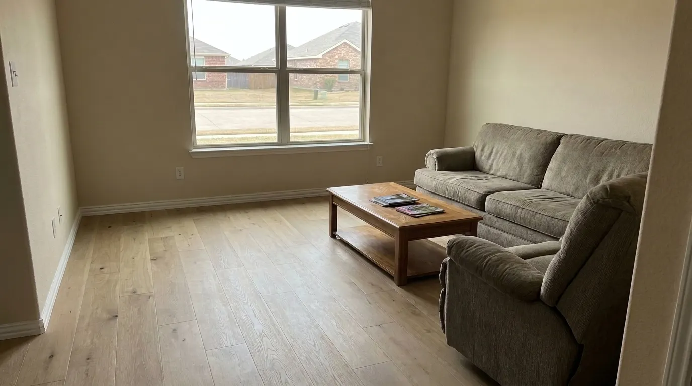 Same living room with new premium plank flooring and repaired walls after restoration