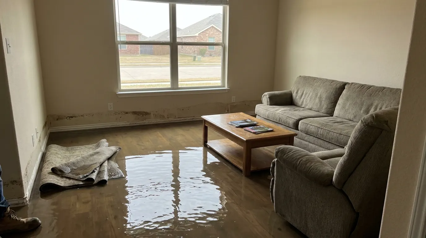 Flooded living room with standing water before restoration
